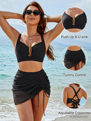 Women High Waisted Push Up Bikini Sets Mesh Tummy Control Swim Skirt